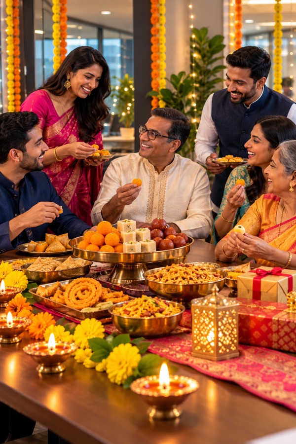Colleagues and family sharing Diwali sweets and gifts around a festive table