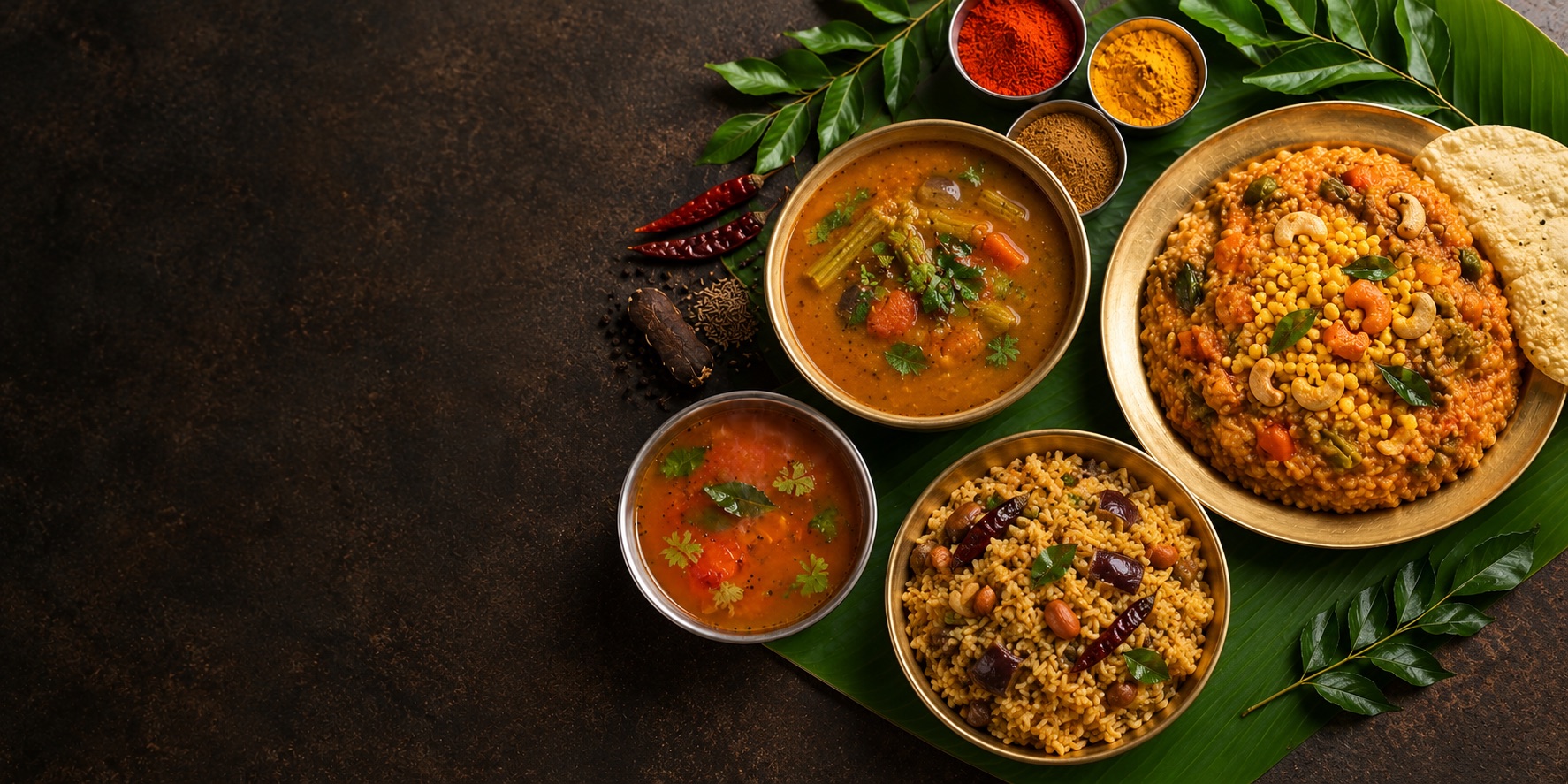 South Indian feast on a banana leaf: sambar, rasam, bisibelebath and tamarind rice in brass bowls with whole spices
