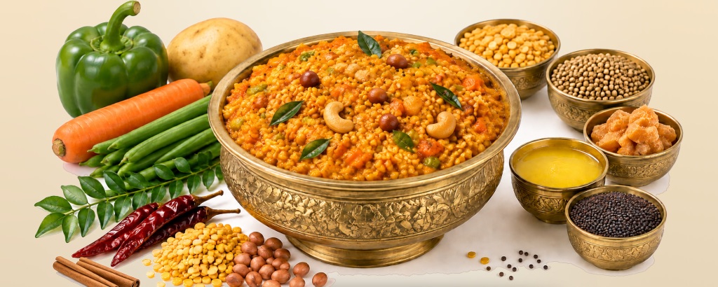 Bisibelebath in a brass bowl with vegetables and spices