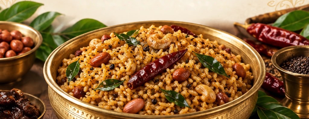 Puliyogare in a brass bowl