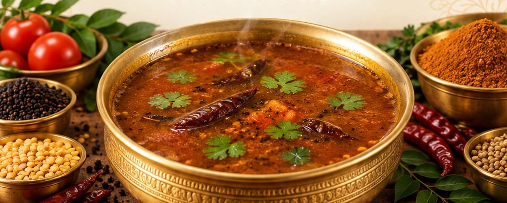 Steaming rasam in a brass bowl