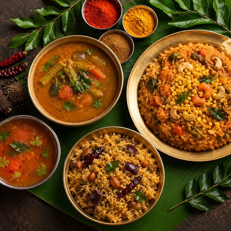 Sambar, rasam, bisibelebath and vangibath served in brass bowls on a banana leaf