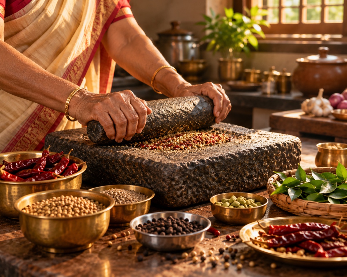 Hands rolling a stone pestle over whole spices on a granite grinding slab, surrounded by brass bowls of chillies, coriander and pepper